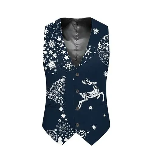 Produktbild: Generisch Herren-Weste mit V-Ausschnitt ärmellos bedruckt weihnachtlich elegante Anzugweste mit Taschenknöpfen stylische Jacke für Herren (Blue, S)