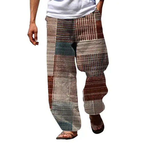Produktbild: Generisch Herren Leinenhose lässige Baumwollhose Sommerhose, Strandhose leichte Hose mit Kordelzug Freizeithose Herren Sommer leicht Chino Hose Herren Stretch kariert Sommer Hosen Herren lang