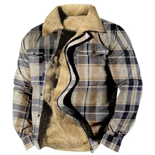Produktbild: Generisch Herren Mantel 36 Wollkaro-Hemdjacke für Herren, Winter-Schwergewichts-Dickjacke, Klassische -Reißverschlussjacke Karierte Herren Rot Schwarz (Khaki, S)