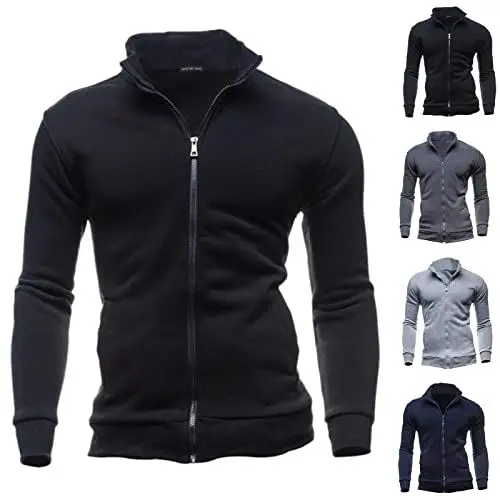 Produktbild: Generisch Herren Sport Jacke Stehkragen Sweatjacke Ohne Kapuze Sweatshirt Einfarbig LangäRmlig Pullover Mit Reissverschluss Outdoor Freizeitjacke Slim Fit Joggingjacke Leichte Baumwolle Sportjacke