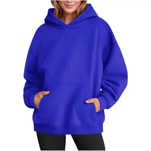 Produktbild: Generisch Hoodie Damen Kapuzenpullover Winter Pullover mit Taschen Sweatshirt Sweatjacke Strickpullover Einfarbig Langarmshirt Warm Oberteile Baumwolle Hoody Outwear Warehouse Deal Blau XL