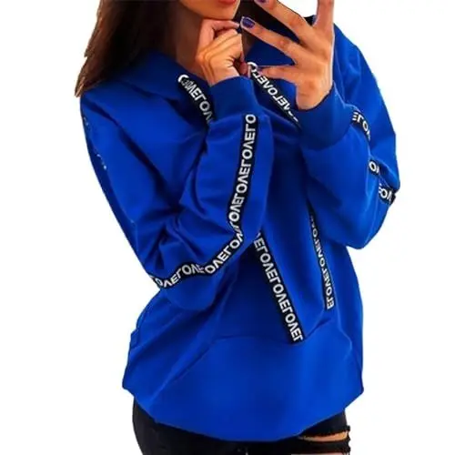Produktbild: Generisch Hoodie Damen Leicht Dünn Sweatshirt Letter Print Kapuzenpullover Oversize Fleecepullover mit Kapuze Lounge Kapuzenshirt Sport Modische Hoodies für Damen mit Aufdruck Blau 5XL
