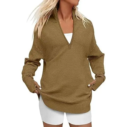 Produktbild: Generisch Hoodie Damen Oversize, Damen-Sweatshirt, langärmelig, halber Reißverschluss, V-Ausschnitt, Kragen, Lässiger Geschwungener Saum, Pullover mit Daumenloch, Ausgehöhlter Pullover Sweatshirts