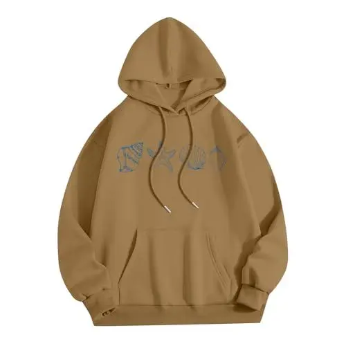 Produktbild: Generisch Hoodie Sweater Damen Drawstring Passform Pullover Langarm Couple Oversized Blumen & Buchstaben Druck Teenager Herbst Loungewear Mit Kängurutasche Sport 06-Hellbraun S