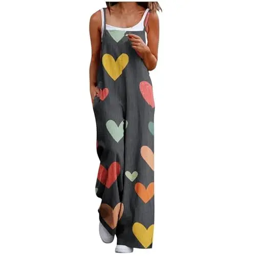 Produktbild: Generisch Hose Damen Jumpsuits Blumendruck Boho Overalls mit Lässiger weites Bein Baggy Strampler Urlaubsoutfits wanderpullover (Orange, M)