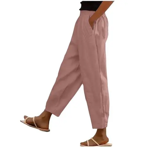 Produktbild: Generisch Hose Damen Leicht Sommerhose Baumwolle Cargohose Elegante Frau Jogginghose Einfarbige Fashion Fitnesshose Laufhose Arbeitshosen Wide Leg Hose Kariert Rosa XL