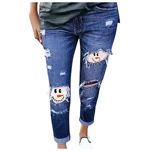 Produktbild: Generisch Hose Weites Bein Damen High Waist Damen 50 Hose Größe Plus Druck Jeans Risshose Frauen Snowman Jeanshose Damen Hose Weites Bein Jeans Hose Festlich Hose (Blue, XL)