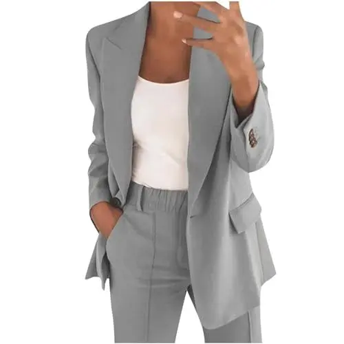 Produktbild: Generisch Hosenanzüge für Damen Modern Elegant Anzug Set Business Büro 2 Teiler Slim fit Blazer Hose Outfit Revers Casual Sportlich Anzugjacke Baumwolle Freizeitanzug Sale Angebote Grau L