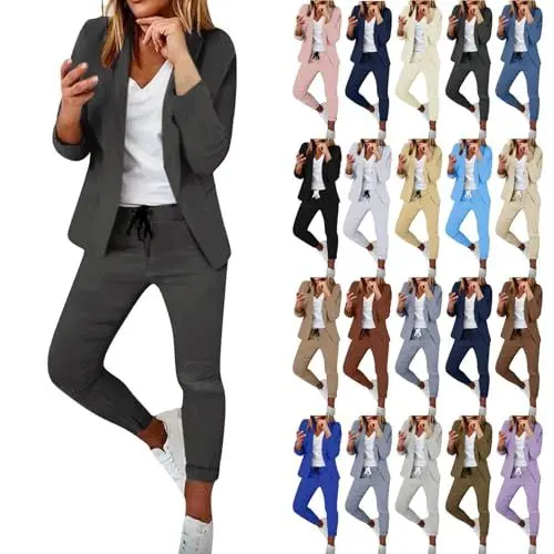 Produktbild: Generisch Hosenanzug Damen Elegant 2 Teilig Hosenanzug Langarm Business Anzug Set Zweiteiler Einfarbig Blazer Hose Slimfit Streetwear Frauen Baumwolle Freizeitanzug,01 Dunkelgrau,L