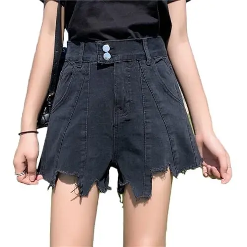 Produktbild: Generisch JIER Damen High Waist Raw Hem Short Jeanshose Sommer Lässig Denim Shorts Frayed Kurze Jeanshose Mit Fransen Hotpants Frauen Stretchy Casual Jeans Shorts mit Tasche Schwarz, XXL