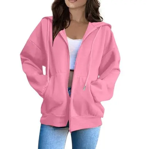 Produktbild: Generisch Jacken Damen Damen Sweatjacke Zip Hoodie Langarm Kapuzenpulli Reißverschluss Outwear Casual Hoodie Sweatshirt 01-Rosa L
