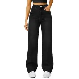 Produktbild: Damen Straight Leg Jeans Baggy Lang Weites Bein Jeanshosen High Waist Leichter Oversize Denimhose mit Knopfleiste Taschen Loose Warm Freizeithose Passform für Wandern (Black, M)
