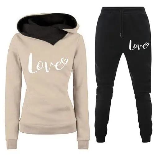 Produktbild: Generisch Jogginganzug Damen Hoodie Zweiteiler Homewear Weich Freizeithose 2 Teilig Outfits Y2K Hosenanzug Set Baggy Jogginghose Sportlich Kleidung Sportanzug Loungewear Quirion Gutschein Khaki L