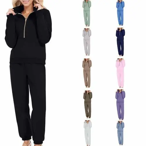 Produktbild: Generisch Jogginganzug Damen Zweiteiler Sportanzug Winter Tracksuit Freizeitanzug Einfarbig Pullover Hausanzug Warme 2 Teiler Set Sportlich Loungewear Set Sport Kleidung Dm Gutschein Schwarz 5XL