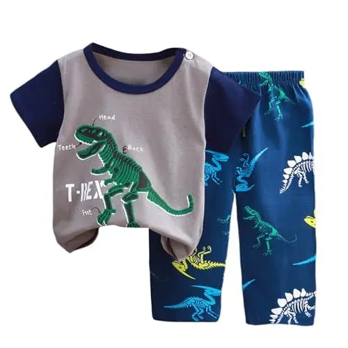 Produktbild: Generisch Jungen Schlafanzug Baumwolle Hosen Set Kurzarm Langhose Bequem Atmungsaktiv Kinder Nachtwäsche Cartoon Design (Light Blue, 3-4 Years)