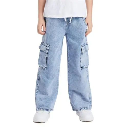 Produktbild: Generisch Jungenjeans Teenager Denim Cargohose High Waist Baggy Jeans Gewaschener Distressed Jeanshose Streetwear Lockere Weitem Bein Kinder Lange Hosen Pants Freizeithose (Light Blue, 9-10 Years)
