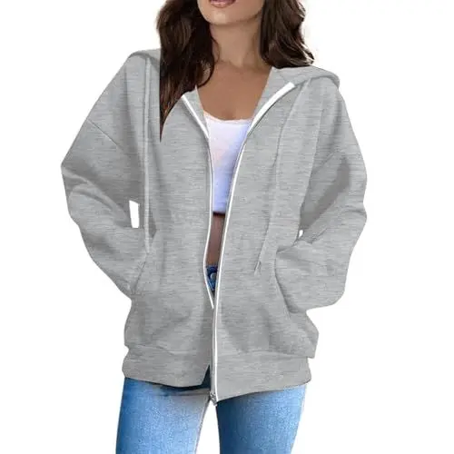 Produktbild: Generisch Kapuzenjacke Damen Oversize Damen Hoodie Reißverschluss 2025 Sweatjacke Baumwoll Zipper Sweatshirtjacke Herbst Winter Damens Langarm Sport Style Oberteile Kapuzenjacke Elfenbein Xl