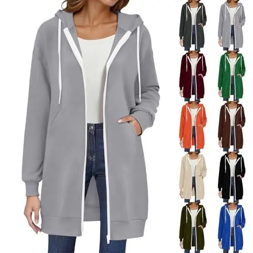 Produktbild: Generisch Kapuzenjacke Sweatjacke mit Kapuze Lang Zipper Hoodie Winterjacke Winter Herbst Übergangsjacke Casual Einfarbig Kapuzenjacke Locker Kapuzenpullover Hoodie Jacke