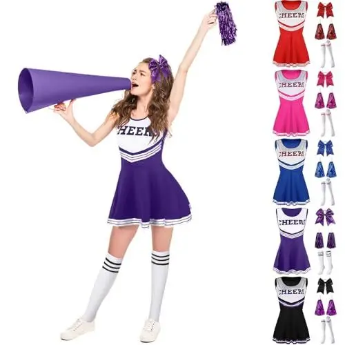 Produktbild: Generisch Karneval Kostüm Damen Cheerleader Kostüm Mädchen Uniform Kinder Pompom Socken Outfit High School Kleid Halloween Fasching Mottoparty Meine Bestellungen Anzeigen(Damen- Purple,XL)