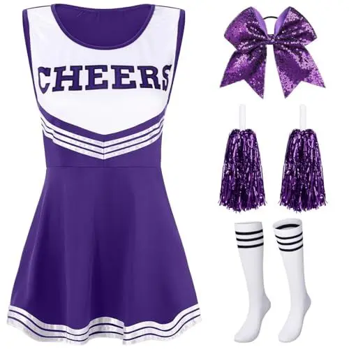 Produktbild: Generisch Karneval Kostüm Damen Cheerleader Kostüm Mädchen Uniform Kinder Pompom Socken Outfit High School Kleid Halloween Fasching Mottoparty Meine Bestellungen Anzeigen(Mädchen- Purple,120)