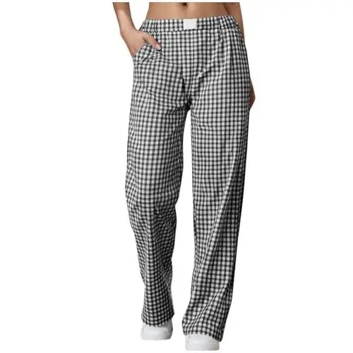 Produktbild: Generisch Karo Hose Damen Sommer Lockere Schlupfhose Mit Elastischer Taille - Bequeme Baumwoll Schlafhose Weite Dünne Haushose Für Entspannung - Atmungsaktive Freizeithose Mit Taschen