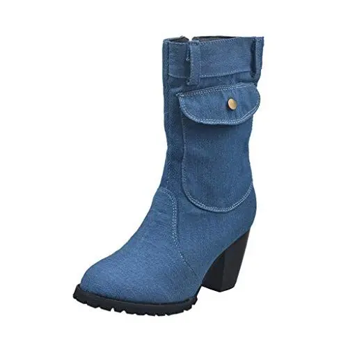 Produktbild: Generisch Kinder Reitstiefel Gummistiefel Damen Schwarz Damenstiefel im europäischen und amerikanischen Stil mit hohem Absatz und Mid-Denim Gummistiefel Herren 44 Stiefel Damen Mit Absatz (Blue, 42)