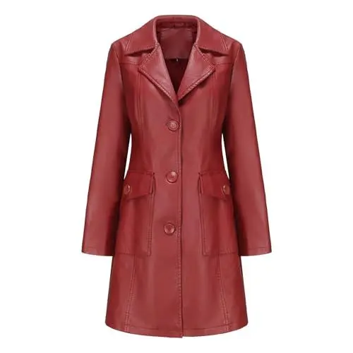 Produktbild: Generisch Klassische Trenchcoat Mittellanger Ledermantel für Damen, langärmeliger -Trenchcoat, modischer Mantel Skijacke Damen Schwarz