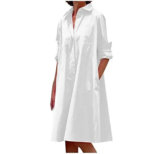 Produktbild: Generisch Kleid für Damen Mode Kleid Blusenkleid Tunika Kleid Langarm Einfarbige Kleid V-Ausschnitt Freizeitkleid Shirtkleid Frau Herbst Hemdblusenkleid Prime Weiß XXL