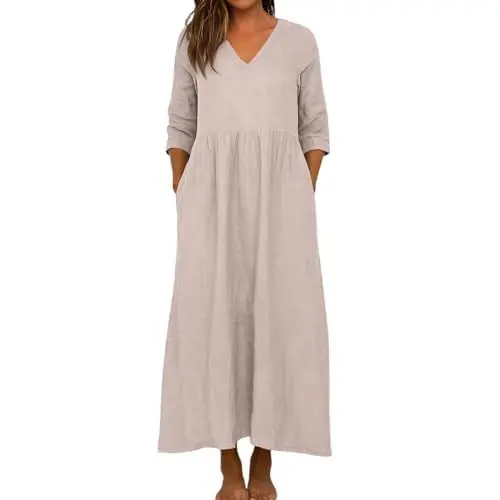 Produktbild: Generisch Kleider Damen Sommer, Frauen Langkleid in Schlichtes V-Ausschnitt mit 3/4 Ärmeln Maxikleid Lockeres, Boho Kleid Damen