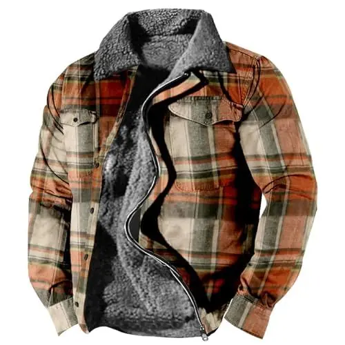 Produktbild: Generisch Kleidung Modern Warm gefütterte Wollkaro-Hemdjacke für Herren, Winter-Schwergewichts-Dickjacke, Klassische -Reißverschlussjacke Protest Mantel (Orange, XL)