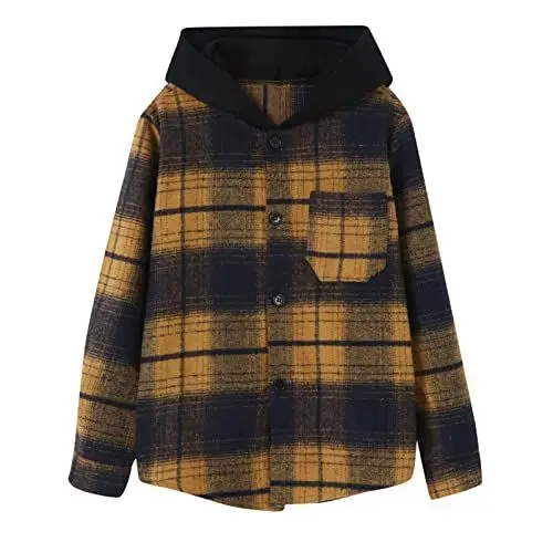 Produktbild: Generisch Kleinkind Teen Little Boy Kapuzenmantel Outwear Langarm Button-Down Karierte Hemden Lässige Hoodie Jacke Top Taschen Jungs Mode (Orange, 6-7 Years)