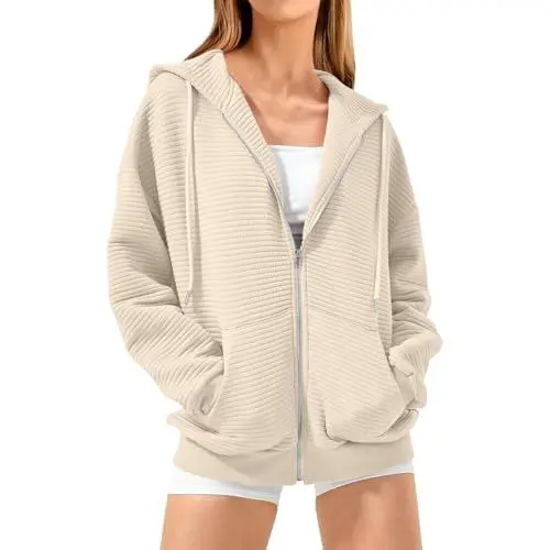 Produktbild: Generisch Knit Sweatjacke Damen Mit Reißverschluss Kapuzenpullover 2024 Oversize Zipper Hoodie Mit Kapuze Sweatjacke Lang Pullover Kapuzenjacke Warm Trainingsjacke Sport Jacke Tops Beige L