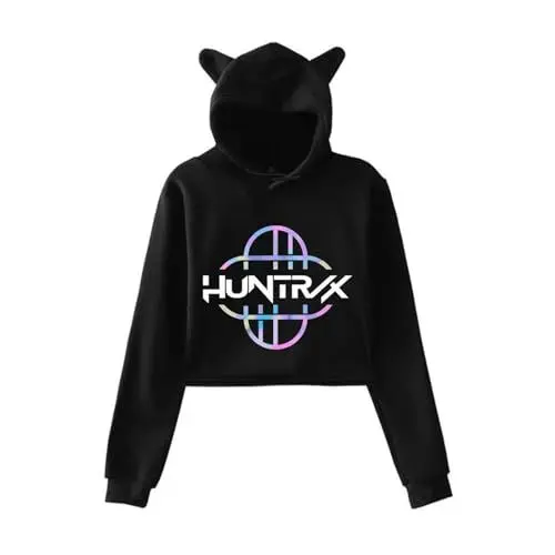 Produktbild: Generisch Kpop 𝐷𝑒𝑚𝑜𝑛𝑠 Hunters Hoodie Damen Crop Kapuzenpullover mit Katzenohren Anime Drucken Pullover Langarm Tasche Sweatshirt für K-pop Fans Oberteile (A-5-Black, S)