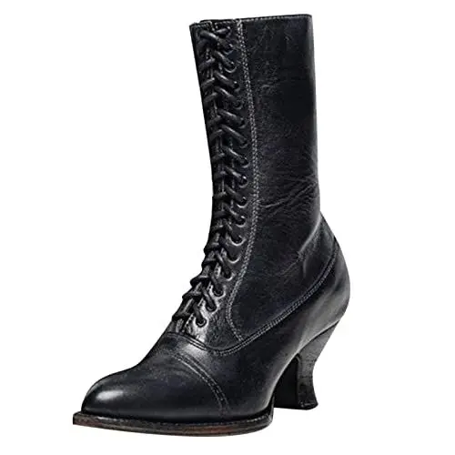 Produktbild: YIzdegg Heel Lace-Up -Tied Gothic Stiefel Schuhe High Ankle Toe Damenstiefel Herren Western Cowboy (Black, 39)