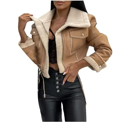 Produktbild: Generisch Lammfelljacke Damen Bikerjacke Kurze Bomberjacke Winter Kunstlederjacke Wildlederjacke Revers Motorradjacke Bequemes Motorrad-Lederjacke mit durchgehendem Reißverschluss Khaki L