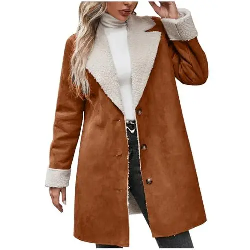 Produktbild: Generisch Lammfelljacke Damen Lang Kunstlederjacke Winterjacke für Frauen Fleece gefüttert Übergangsjacke Elegant Winter Mantel Komfort Warme Outdoorjacke Wildleder Trenchcoat Kaffee XXL