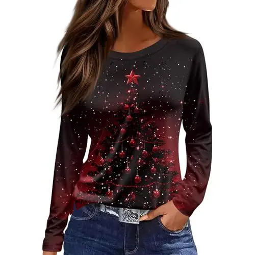 Produktbild: Generisch Langarmshirt Damen Damenmode Damenpullover Langarm Weihnachtsshirt Winter Pullover Sweatjacke Ohne Kapuze Grobstrickjacke Sweater Pink Palm Puff Hoodie Langarmshirts Rot 2XL