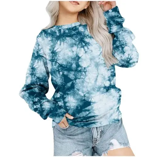 Produktbild: Generisch Langarmshirt Mädchen Batik T-Shirt Loose Tie-dye Tops Regular Rundhals Kleidung Baumwolle Elegante Bekleidung Lässig Oberteile Warm Thermoshirt Classic Long Sleeve Top Blau, 7-8 Jahre