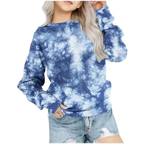 Produktbild: Generisch Langarmshirt Mädchen Batik T-Shirt Loose Tie-dye Tops Regular Rundhals Kleidung Baumwolle Elegante Bekleidung Lässig Oberteile Warm Thermoshirt Classic Long Sleeve Top Blau, 9-10 Jahre