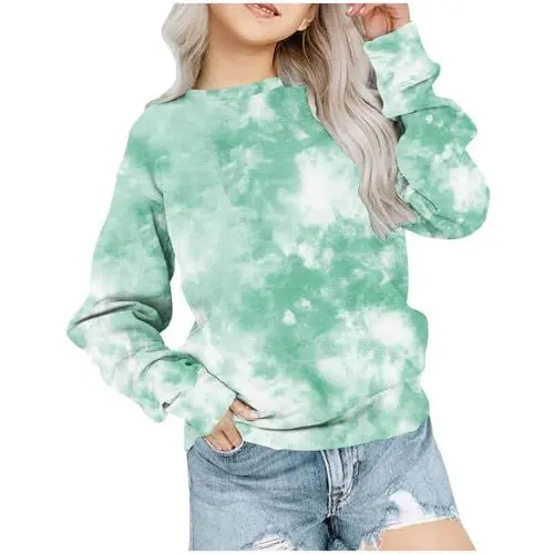 Produktbild: Generisch Langarmshirt Mädchen Batik T-Shirt Loose Tie-dye Tops Regular Rundhals Kleidung Baumwolle Elegante Bekleidung Lässig Oberteile Warm Thermoshirt Classic Long Sleeve Top Grün, 9-10 Jahre