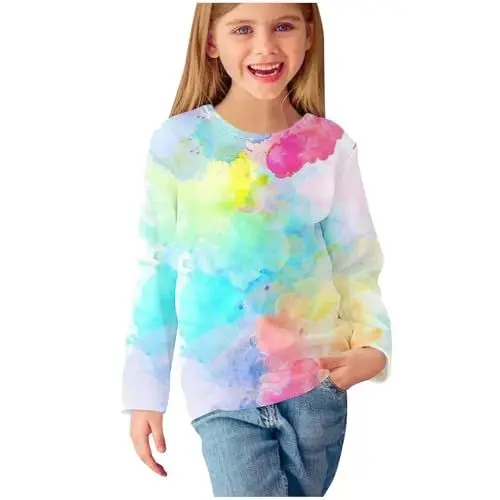 Produktbild: Generisch Langarmshirts für Mädchen Baumwolle Bedrucktes Tie-Dye T-Shirt Kinder Niedliche Tops Rundhals Basic Kleidung Elegante Bekleidung Casual Loose Long Sleeve Top Oberteile Mehrfarbig, 7 Jahre