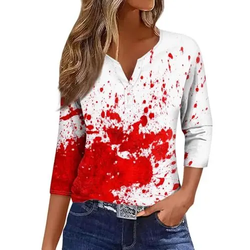 Produktbild: Blaue Bluse Damen Viskose Chiffon Trachtenbluse Oversize Blusen 3/4 Shirt Festliches Oberteil V Ausschnitt Rot 3XL