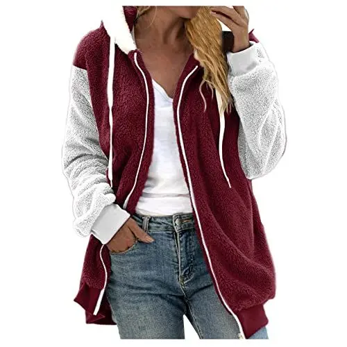 Produktbild: Generisch Fleecejacke Damen Warm Winterjacke Bequem Teddyjacke Reißverschluss Übergangsjacke Teddy Fleece Plüschjacke Mode Winter Sweatjacke Wintermantel Sale Angebote(3-Wine,L)