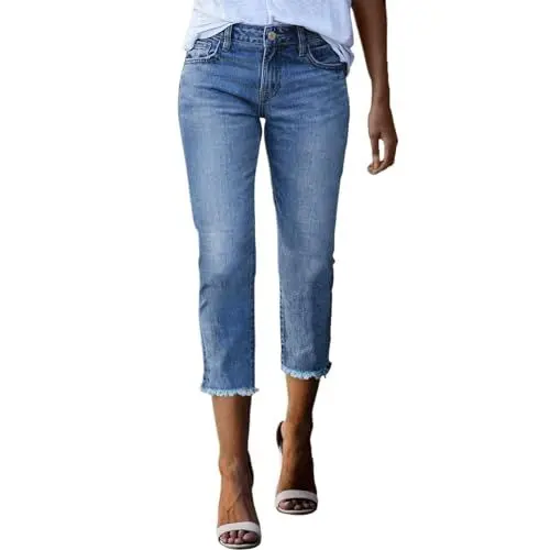 Produktbild: Generisch Latzhose Damen Jeans Capri Sommer 3/4 Jeanshose Kurze Caprihose High Waist Sommerjeans Skinny Fit Hohe Taille Denim Hose Sommerhose Leicht Ripped Jeanshosen Primeday