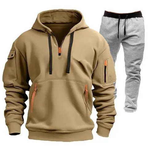 Produktbild: Generisch Leinen Set Herren Retro Trainingsanzug Hausanzug Jogginganzug Trainings Jacken Zwei Sets Freizeitanzüge für Männer Jogger Beige M