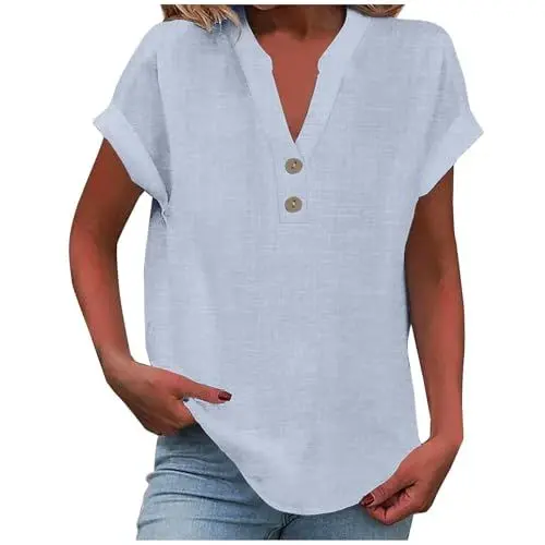 Produktbild: Generisch Leinenbluse Damen Elegante Baumwolle Leinen Tshirt Leinenshirt Casual V-Ausschnitt Kurzarm Blusen Frau Longshirt