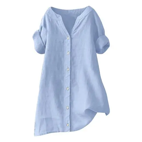 Produktbild: Generisch Leinenbluse Damen Sommer Große Größen Hemdbluse Blusenkleid Elegant Einfarbig Longbluse Loose Longblusemittelalter Tuniken Damenblusen