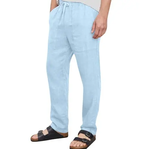 Produktbild: Generisch Leinenhose Herren Lang Freizeithose Bequeme Atmungsaktiv Haremshose Leicht Sommerhose Mit Kordelzug Und Taschen Yoga Hosen Loungewear Jogginghose Baggy M