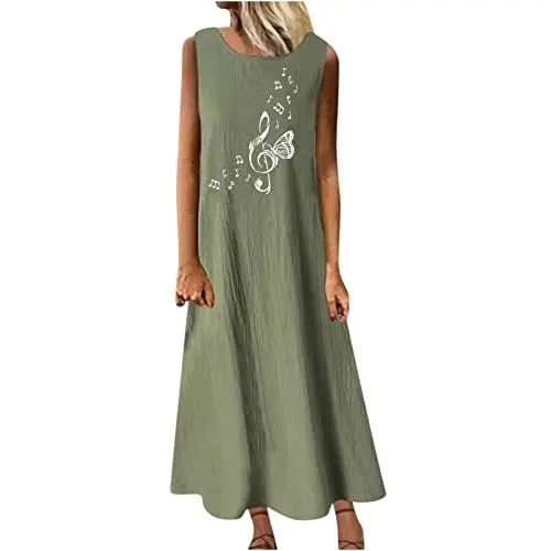 Produktbild: Generisch Leinenkleid Damen Boho Kleid Strandkleid Blumenkleid Ärmelloses Rundhalskleid Lange Freizeitkleid Leicht und Luftig Kleid Leinenkleider Elegante Kleid Sale Armee Grün S
