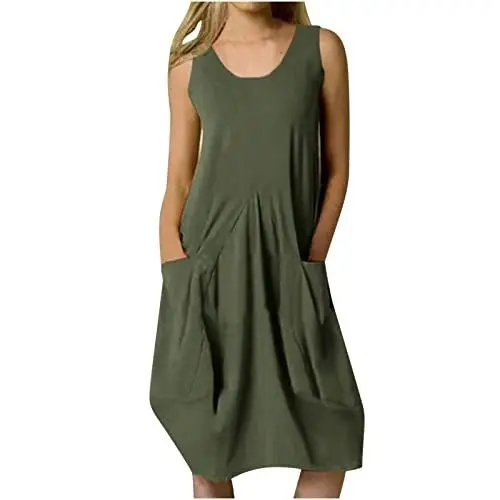Produktbild: Generisch Leinenkleid Damen Sommerkleid Ärmelloses Rundhalskleid Freizeitkleid mit Taschen Baumwolle Leinen Kleid Einfarbig Kleid Midikleid Luftige Leinenkleid Sale Damen Armee Grün XXL